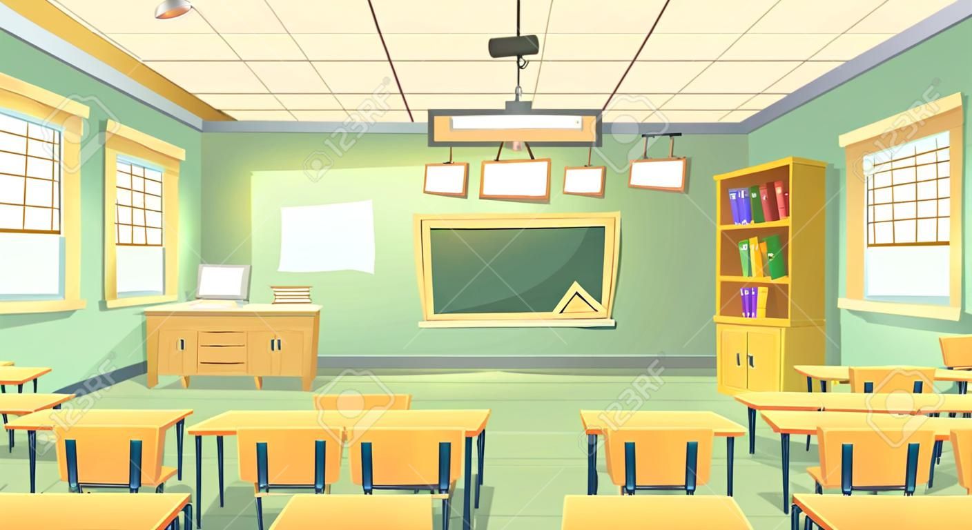 Vector Karikaturhintergrund mit dem leeren Klassenzimmer, Innenraum nach innen. Zurück zu Schulkonzeptillustration. Hochschul- oder Schulungsraum mit Möbeln, Tafel, Tisch, Projektor, Schreibtischen und Stühlen