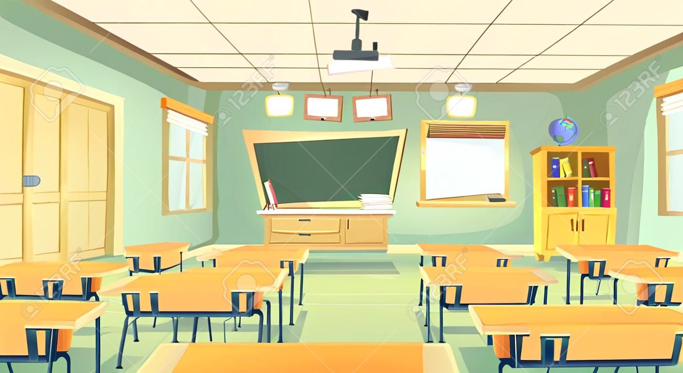 Vector cartoon background with empty classroom, interior inside. Back to school concept illustration. College or university training room with furniture, chalkboard, table, projector, desks, chairs