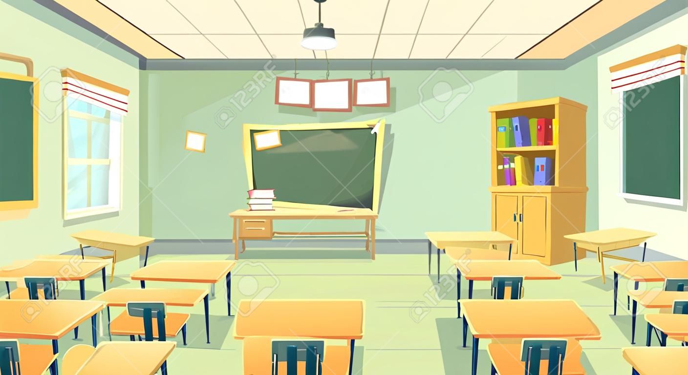 빈 교실, 내부 인테리어 벡터 만화 배경. 학교 개념 그림으로 돌아 가기 가구, 칠판, 테이블, 프로젝터, 책상, 의자가있는 대학 또는 대학교 훈련실