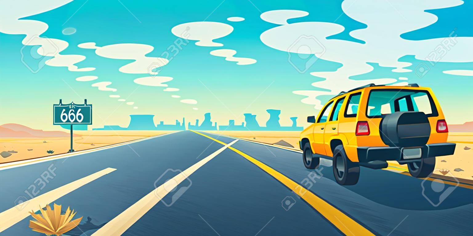 Vector cartoon landschap van onvruchtbare woestijn met lange snelweg. Auto rijdt langs asfalt weg naar canyon. Route 66, weg met pointer, skyline met zanderige woestenij. Reizen concept achtergrond