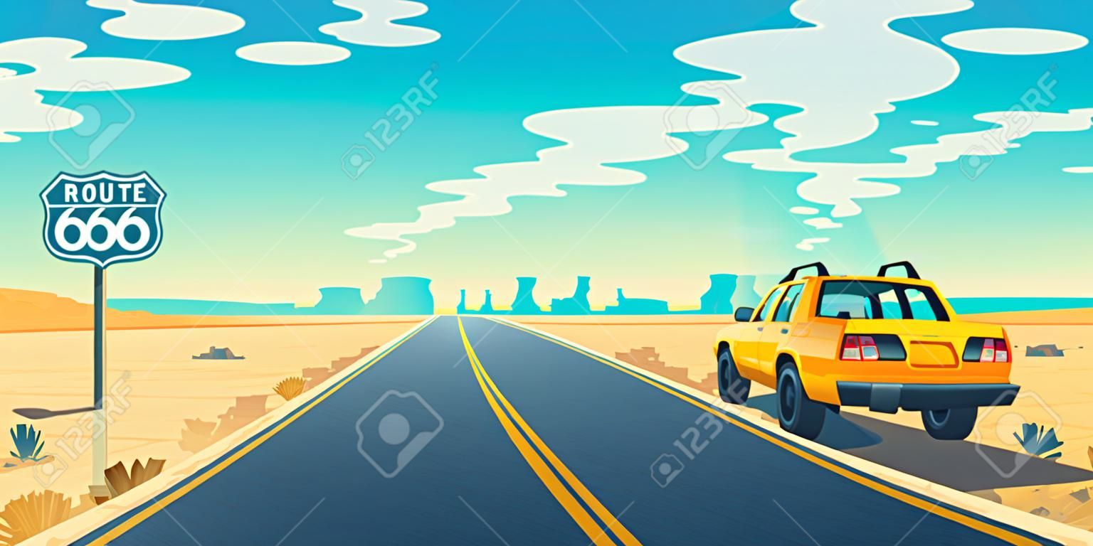 Vector cartoon landscape of barren desert with long highway. Car rides along asphalt road to canyon. Route 66, roadway with pointer, skyline with sandy wasteland. Travel concept background