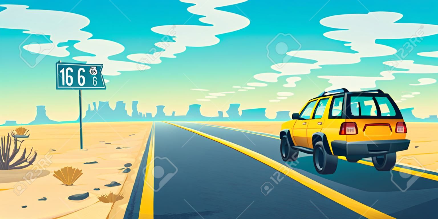 Vector cartoon landschap van onvruchtbare woestijn met lange snelweg. Auto rijdt langs asfalt weg naar canyon. Route 66, weg met pointer, skyline met zanderige woestenij. Reizen concept achtergrond