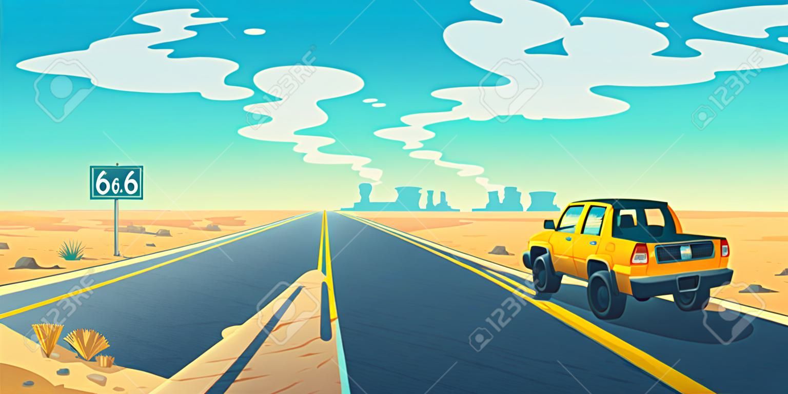 Vector cartoon landscape of barren desert with long highway. Car rides along asphalt road to canyon. Route 66, roadway with pointer, skyline with sandy wasteland. Travel concept background