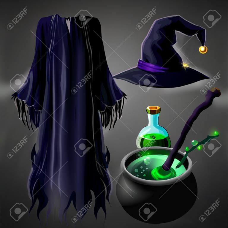 Vektorsatz mit Hexenkostüm für Halloween-Party und magisches Zubehör lokalisiert auf transparentem Hintergrund. Zaubererkleid und Hut, kochender Kessel mit Gift, Zauberstab und Flasche mit Trank