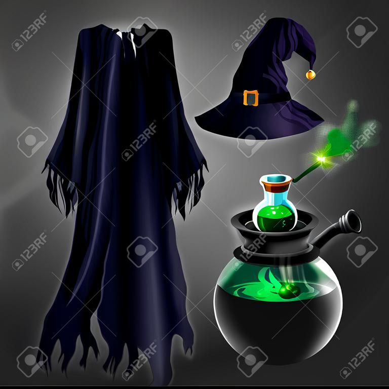 Vector set with witch costume for Halloween party and magical accessories isolated on transparent background. Wizard dress and hat, boiling cauldron with poison, magic wand and flask with potion