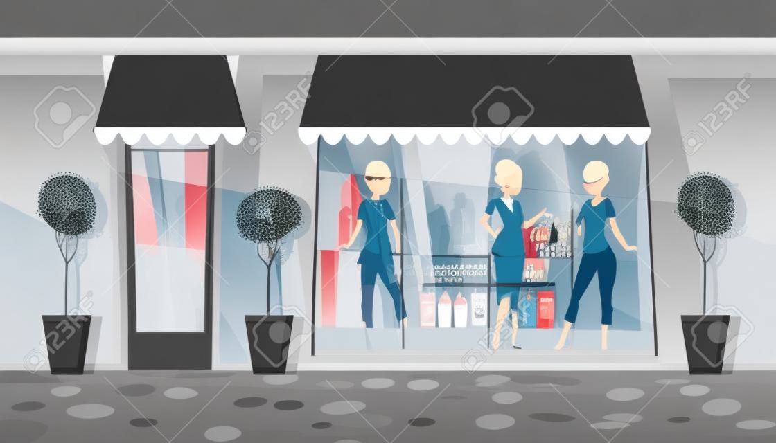 Vector cartoon shop-window of boutique, clothing market. Commercial mall with trees in vases, decoration. Mannequins with female, male and unisex dress behind the glass.
