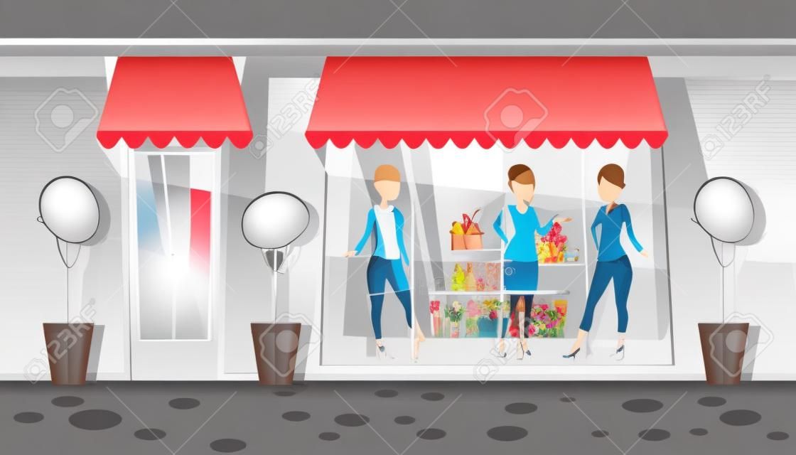 Vector cartoon shop-window of boutique, clothing market. Commercial mall with trees in vases, decoration. Mannequins with female, male and unisex dress behind the glass.
