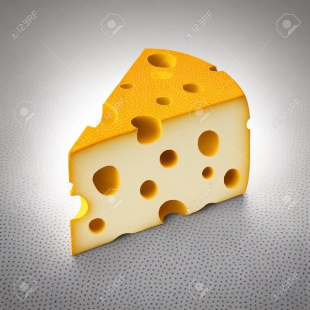구멍이 있는 치즈 조각 흰색 배경에 3D 격리된 그림입니다. 에멘탈 또는 체다 하드 치즈 조각, 유제품 디자인을 위한 그림자가 있는 구멍 격리 아이콘이 있는 삼각형 조각