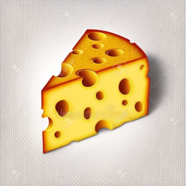 Kaas stuk met gaten 3D geïsoleerde illustratie op witte achtergrond. Emmental of Cheddar harde kaas schijf, driehoekig stuk met gaten geïsoleerde pictogram met schaduw voor zuivel voedsel ontwerp