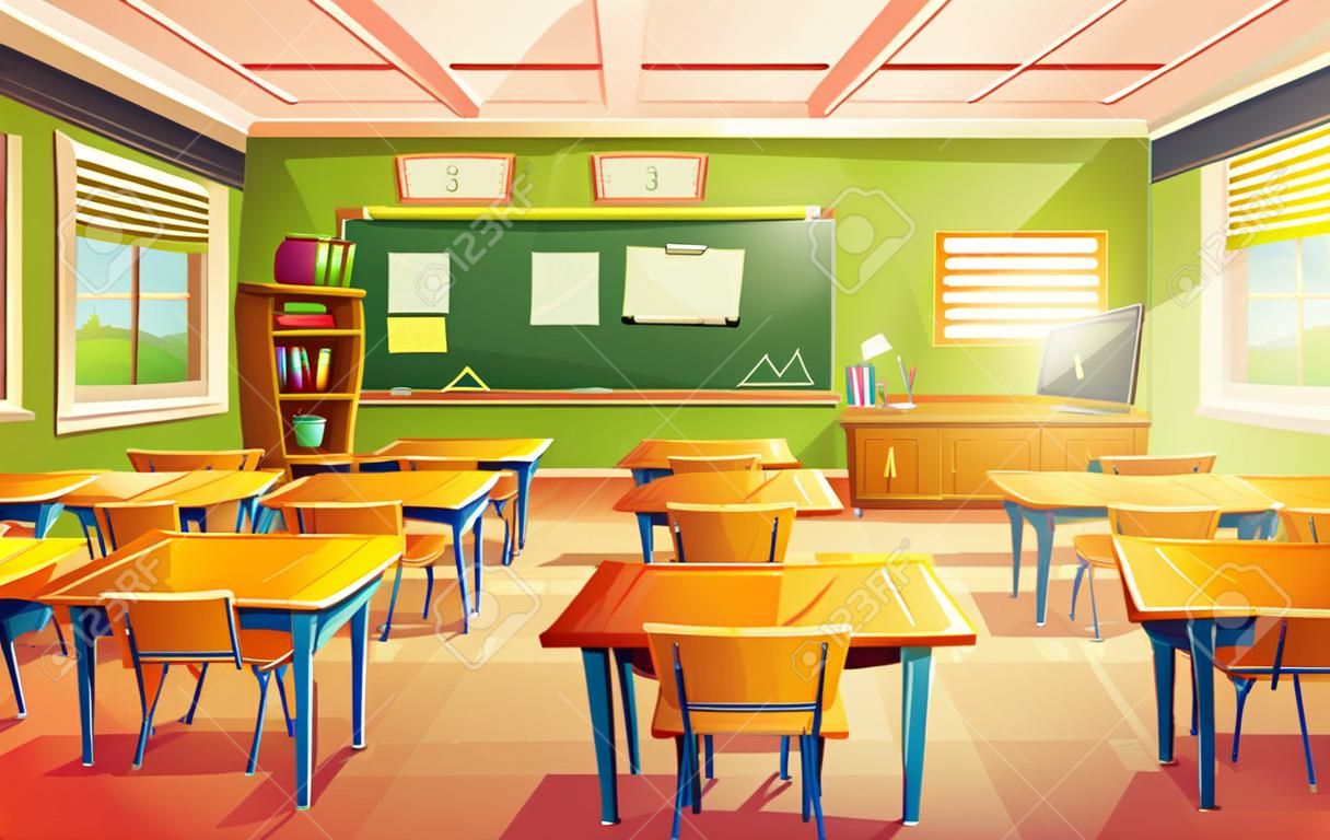 cartoon empty elementary or high school, college, university classroom background. Illustration with room interior indoor objects - desk table board chair tv set. Learning, education backdrop