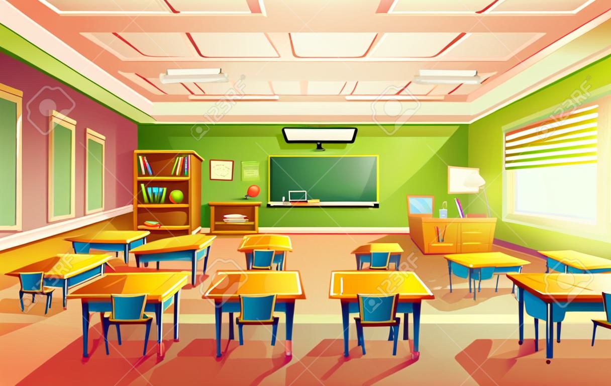 cartoon empty elementary or high school, college, university classroom background. Illustration with room interior indoor objects - desk table board chair tv set. Learning, education backdrop