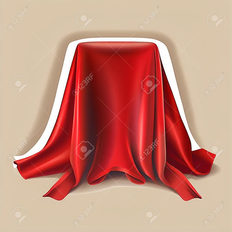 realistische Box mit rotem Seidentuch auf weißem Hintergrund bedeckt. Leeres Podium, Stand mit Tischdecke, um Zaubertricks zu zeigen. Geheimes Geschenk, versteckt unter Satinstoff mit Drapierung und Falten