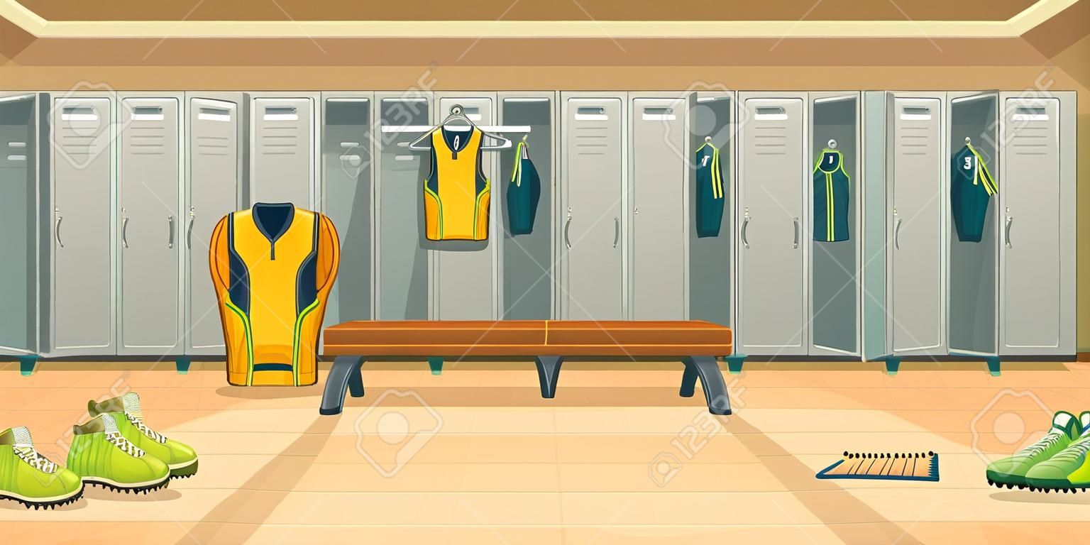 changing room with lockers for football, basketball team for game background. Dressing of sports uniform, training equipment or athletic costume. Cartoon shelves in school gym