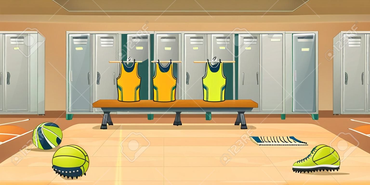 changing room with lockers for football, basketball team for game background. Dressing of sports uniform, training equipment or athletic costume. Cartoon shelves in school gym