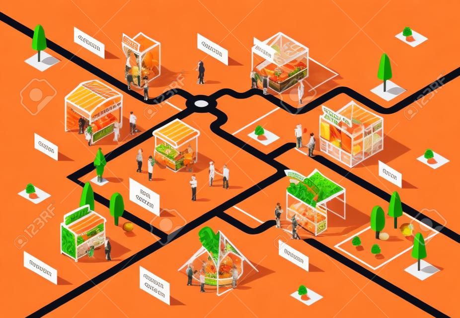 Vector 3d isometric food courts, fair with people. Shops with sushi, pizza and other food in park, tree. Markets with canopy. Urban concept. Marketplace made in orange colors, black thin lines.