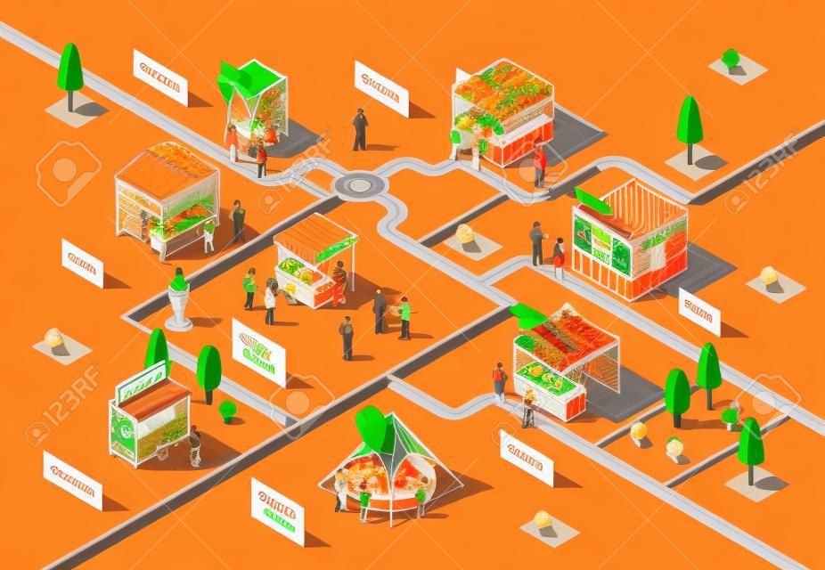 Vector 3d isometric food courts, fair with people. Shops with sushi, pizza and other food in park, tree. Markets with canopy. Urban concept. Marketplace made in orange colors, black thin lines.