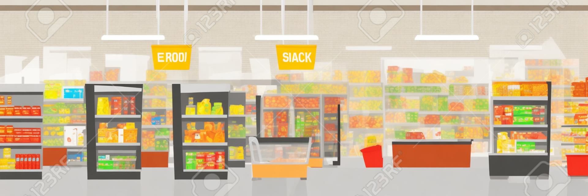 Supermarket lub duży sklep spożywczy handel pokój wnętrze kreskówka tło wektor z regałami pełnymi produktów spożywczych i owoców, lodówek z napojami, akwarium i kasą na ilustracji wyjścia