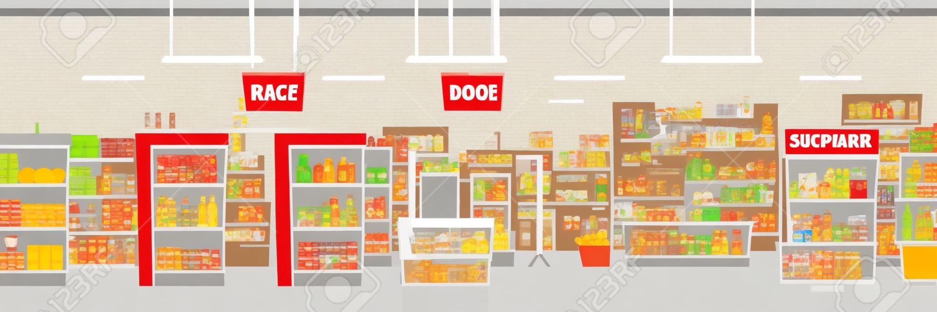 Supermarket lub duży sklep spożywczy handel pokój wnętrze kreskówka tło wektor z regałami pełnymi produktów spożywczych i owoców, lodówek z napojami, akwarium i kasą na ilustracji wyjścia