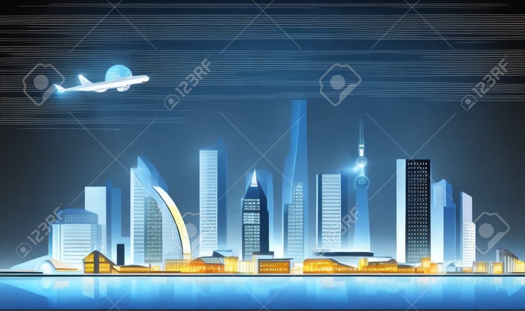 都市ビジネスセンターのヴィンテージと未来的な建築の建物、岸壁の豪華なコテージやヴィラ、スカイネオン漫画のベクトルで飛ぶ旅客機と現代の大都市の夜の風景