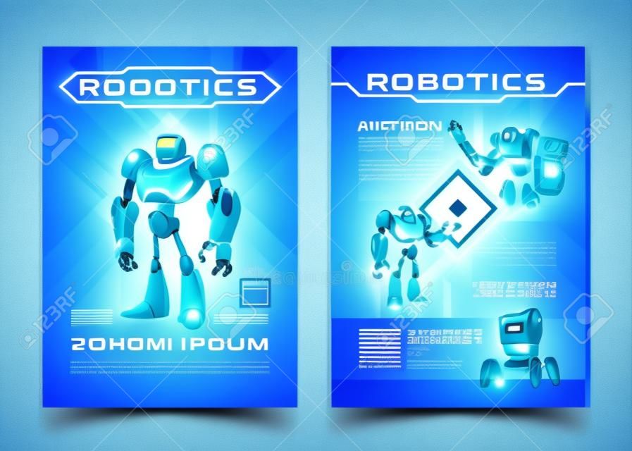 Robotics and artificial intelligence technologies exhibition advertising flyer cartoon vector pages template. Computer game fans conference promo brochure. Futuristic cyborgs characters illustration