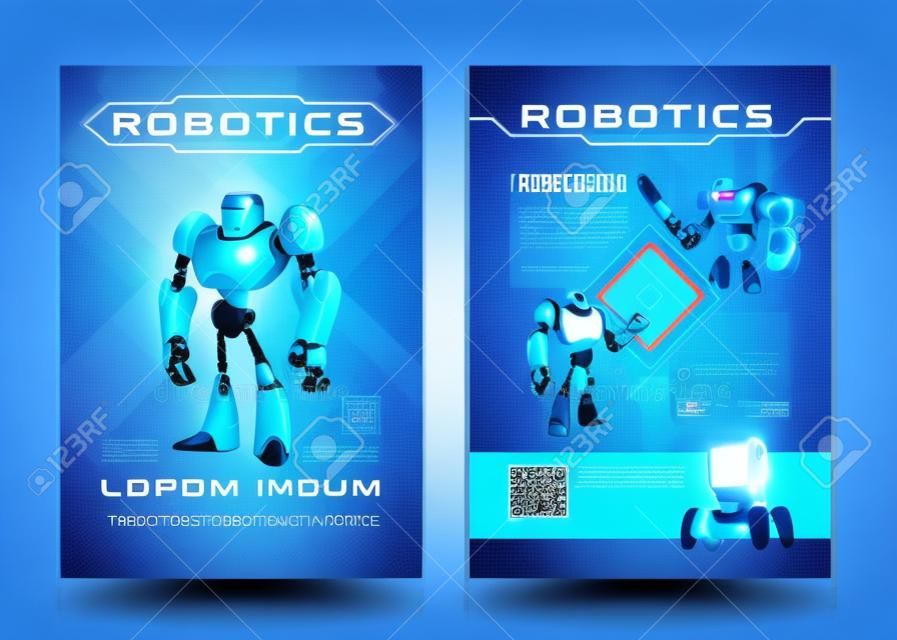 ロボット工学と人工知能技術の展示会広告チラシ漫画のベクトルページテンプレート。コンピュータゲームファン会議プロモーションパンフレット。未来的なサイボーグのキャラクターイラスト