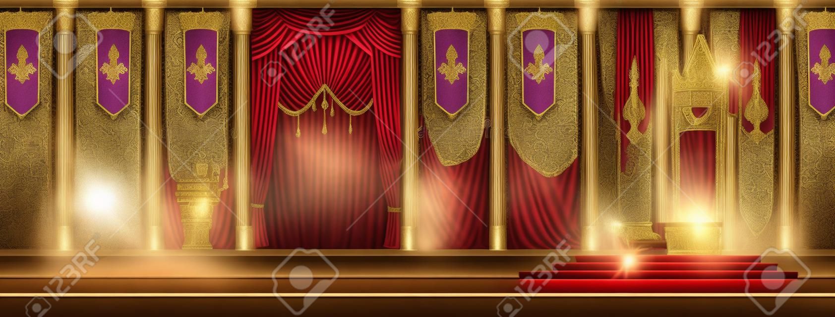 Medieval castle spacious throne hall or ballroom interior cartoon vector. Red carpet path to kings throne on pedestal, curtains on window, flags with royal emblem on walls, knights armors illustration