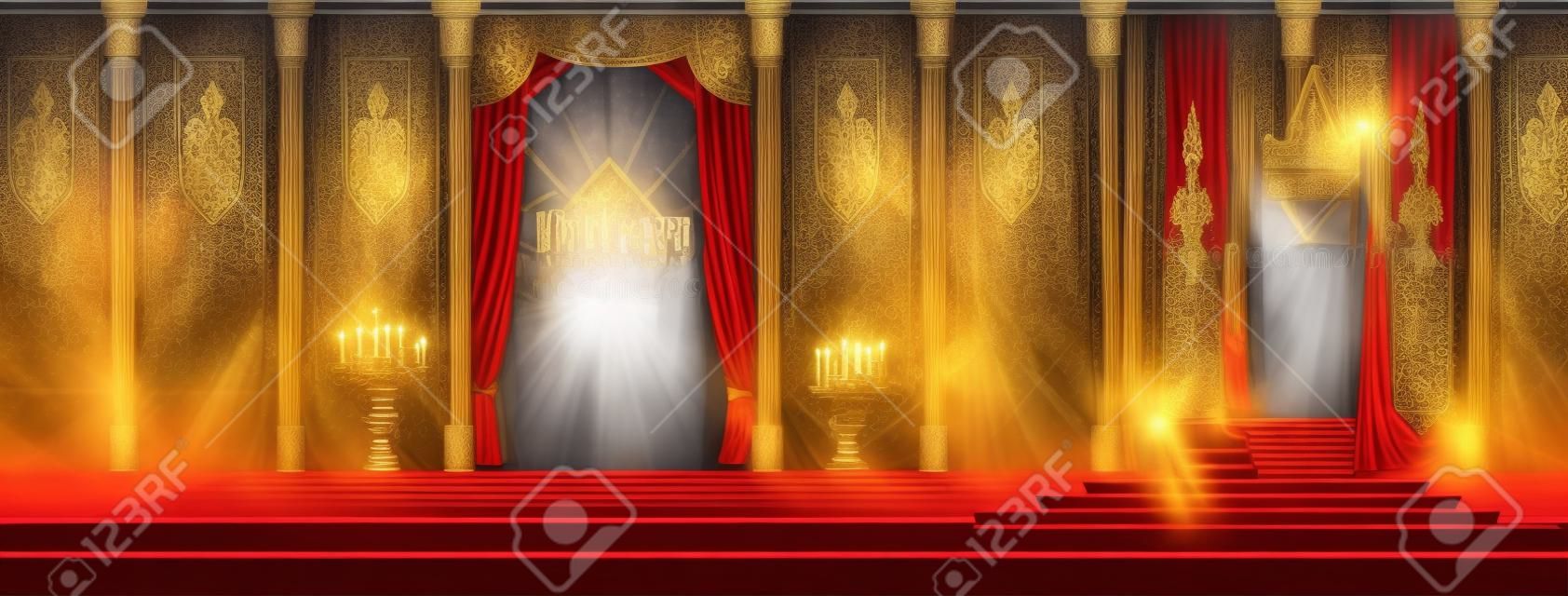 Średniowieczny zamek przestronna sala tronowa lub sala balowa wektor wnętrza kreskówki. Ścieżka czerwonego dywanu do tronu króla na piedestale, zasłony na oknie, flagi z godłem królewskim na ścianach, ilustracja zbroi rycerzy