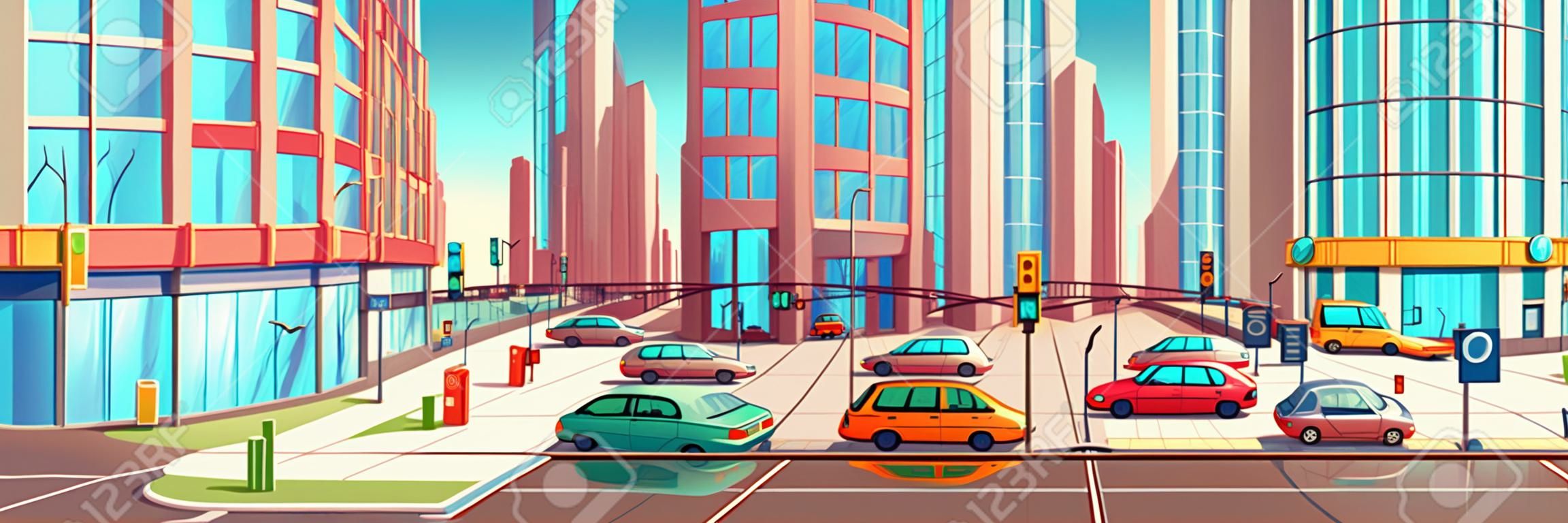 Metrópolis encruzilhada no conceito de vetor de desenho animado de corrida de hora com vitrines de lojas em edifícios de arranha-céus, calçadas, passarela subterrânea de pedestres e carros que vão em duas ruas ilustração da estrada da cidade