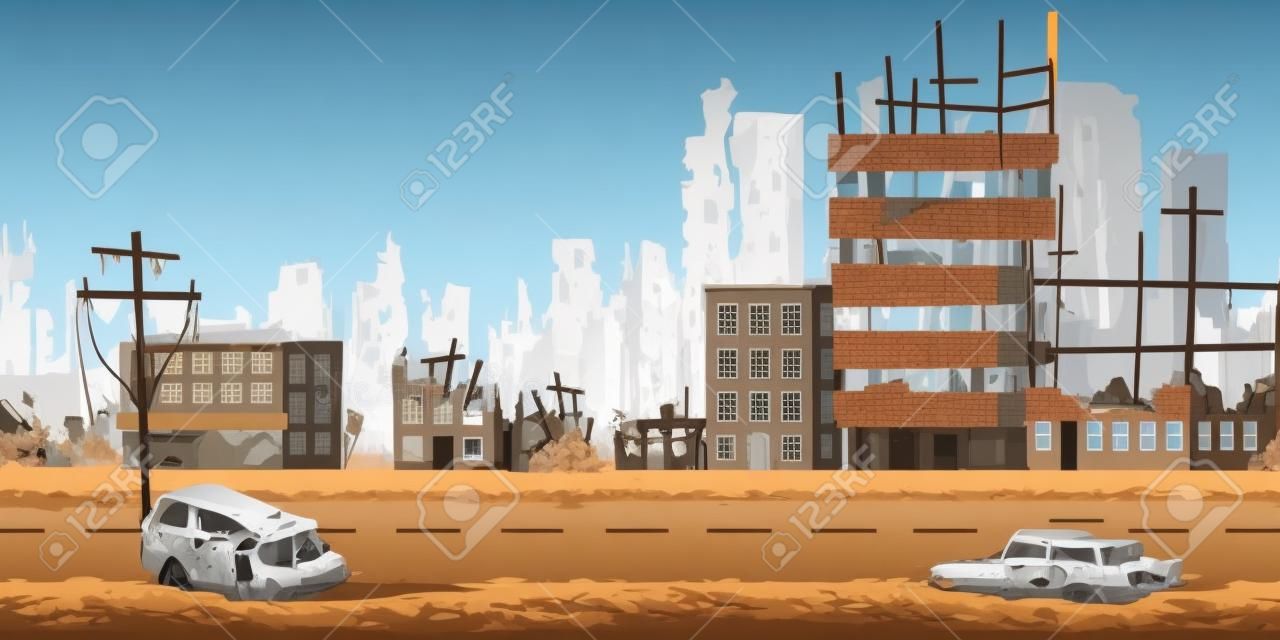 Zniszczenie w strefie wojny, konsekwencje klęski żywiołowej lub kataklizmu, koncepcja wektora kreskówek postapokaliptycznego świata. Ruiny miasta ze zniszczonymi, opuszczonymi budynkami, spalonymi samochodami na ulicach ilustracja
