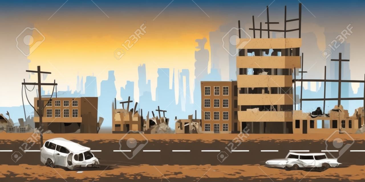 Zniszczenie w strefie wojny, konsekwencje klęski żywiołowej lub kataklizmu, koncepcja wektora kreskówek postapokaliptycznego świata. Ruiny miasta ze zniszczonymi, opuszczonymi budynkami, spalonymi samochodami na ulicach ilustracja