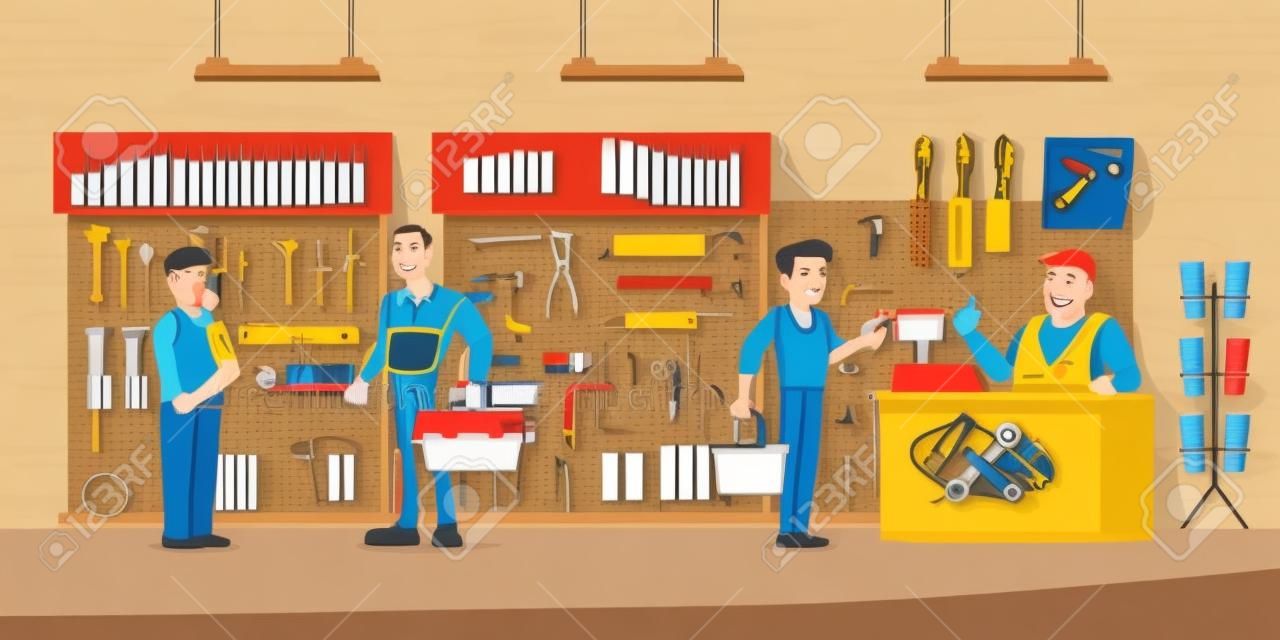 Klienci w sklepie z narzędziami, kupujący w sklepie z narzędziami komunikują się ze sprzedawcą w pobliżu półek wystawowych z narzędziami do majsterkowania do prac stolarskich. Mężczyzna płacić na ladzie biurko Ilustracja kreskówka wektor