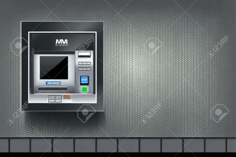 Bancomat su sfondo grigio muro, sportello automatico con monitor nero, tastiera per inserimento password e funzionamento con denaro. Terminale bancario per servizio finanziario. Illustrazione vettoriale 3d realistica