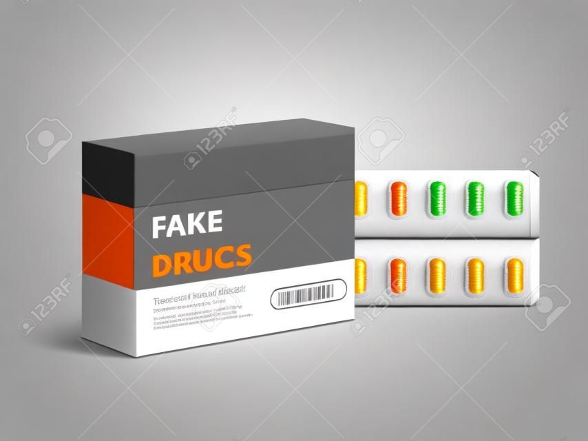 Vector mockup of white carton package box with fake drugs and orange pills in blister. Template packaging of counterfeit capsules, medicaments or pharmaceutical products isolated on gray background