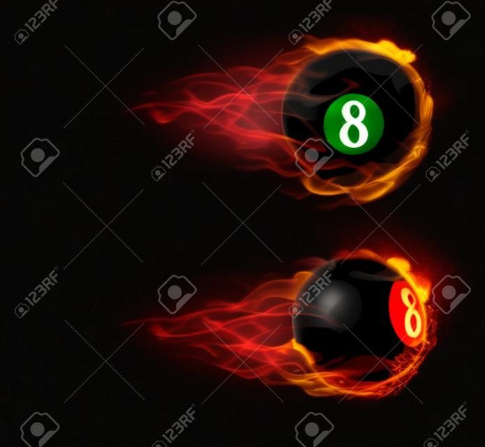Flying black billiard eight ball in fire isolated on black background. Vector realistic pool or snooker ball with number 8 in flame with sparks. Template for banner or poster of sport tournament