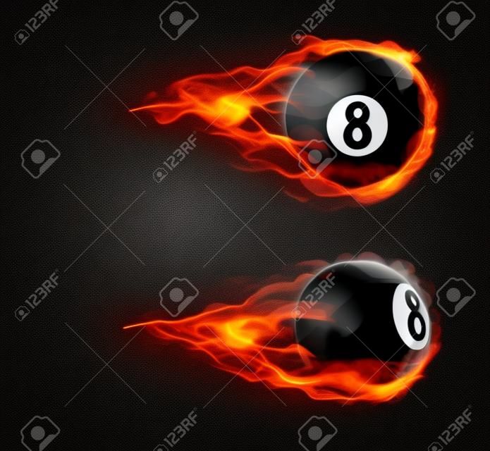 Flying black billiard eight ball in fire isolated on black background. Vector realistic pool or snooker ball with number 8 in flame with sparks. Template for banner or poster of sport tournament