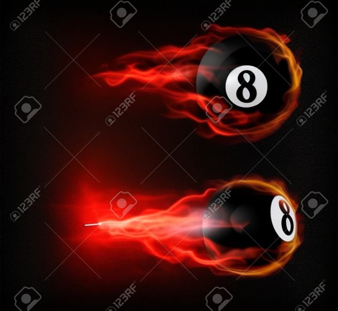 Fliegende schwarze Billardkugel acht in Feuer auf schwarzem Hintergrund isoliert. Vektorrealistischer Pool- oder Snookerball mit Nummer 8 in Flammen mit Funken. Vorlage für Banner oder Poster des Sportturniers