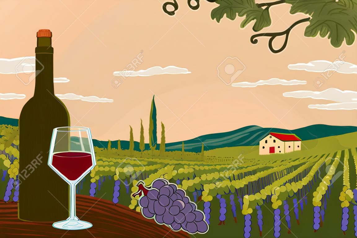 Paysage viticole avec champ de vigne et ferme viticole en arrière-plan. Bouteille de vin rouge avec verre. Main dessiner affiche d'illustration vectorielle