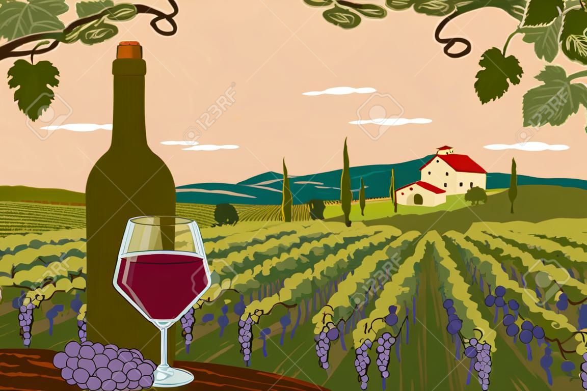 Vineyard landscape with grape tree field and winery farm on background. Red wine bottle with glass. Hand draw vector illustration poster