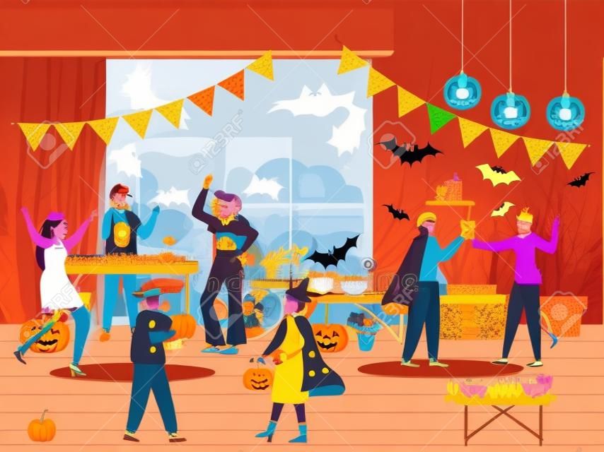 Gente en carnaval disfraces de Halloween bailando y divirtiéndose, ilustración vectorial. Celebración de la fiesta de Halloween.