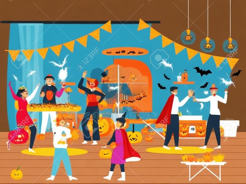 Gente en carnaval disfraces de Halloween bailando y divirtiéndose, ilustración vectorial. Celebración de la fiesta de Halloween.