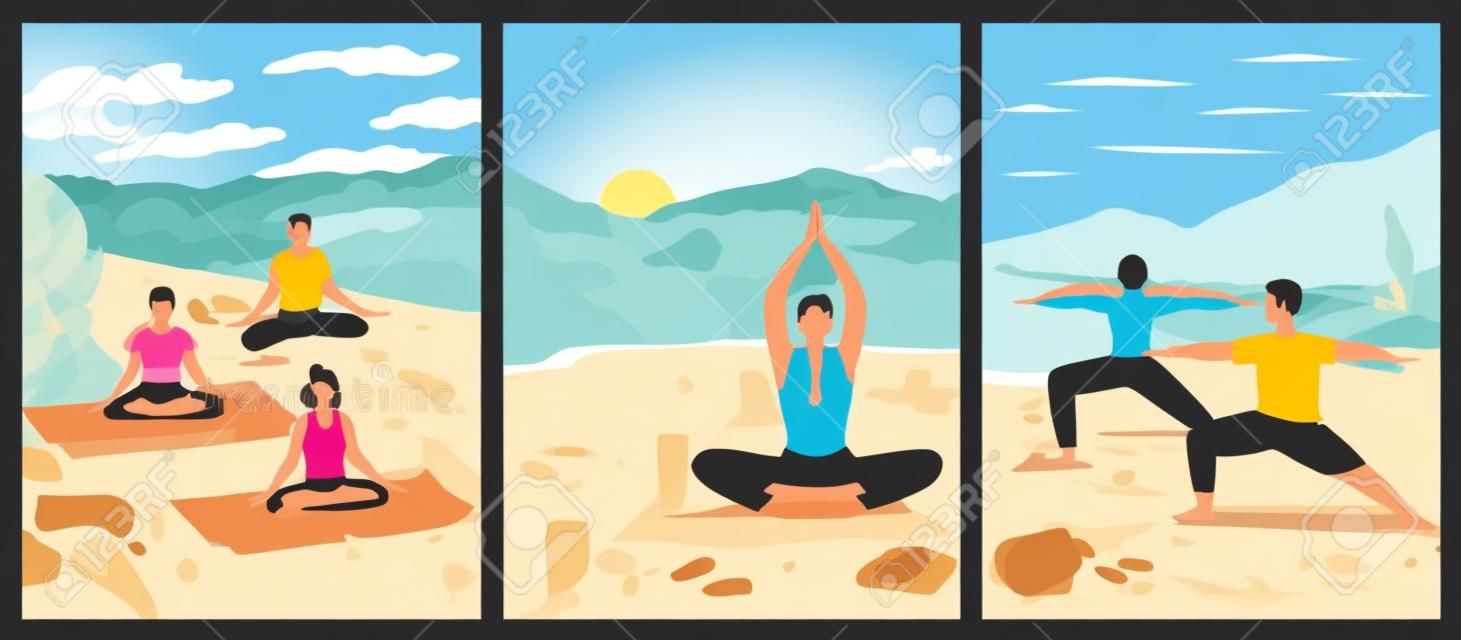 Outdoor-Yoga-Konzept, Vektorillustration, Frau und Mann trainieren gemeinsam am Strand, gesunder Lebensstil, aktive Erholung, Menschen meditieren in Lotus-Yoga-Pose, Morgenmeditation in wunderschöner Landschaft