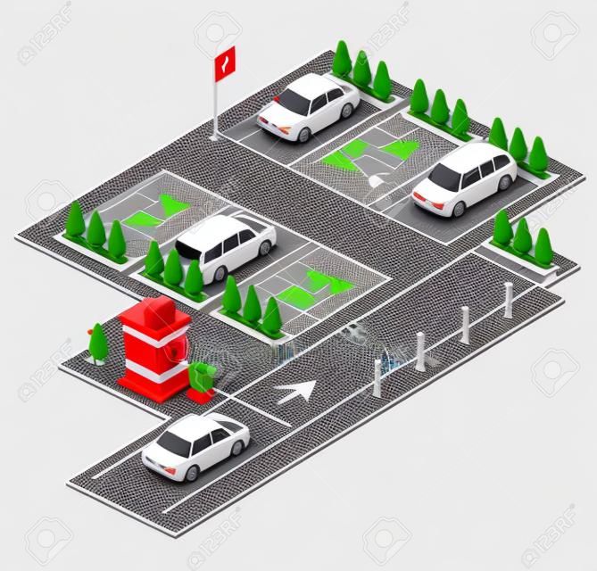 Ilustración de vector 3D isométrica de estacionamiento para diseño de construcción. Sección aislada de estacionamiento al aire libre y barrera de control de punto de control con parkomat y flechas de dirección marcadas