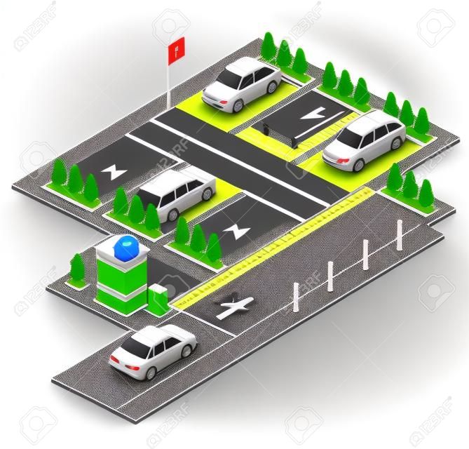 Parking lot isometric 3D vector illustration for construction design. Isolated section outdoor parking and checkpoint control barrier with parkomat and direction arrows marking