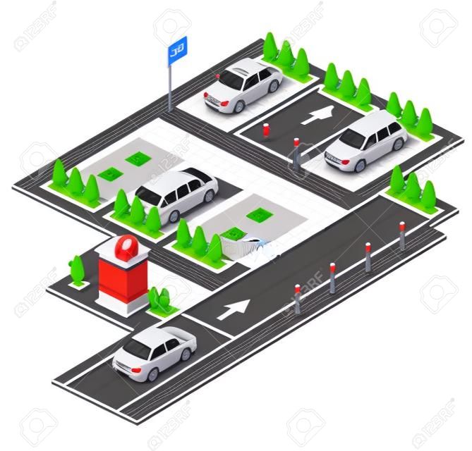 Parking lot isometric 3D vector illustration for construction design. Isolated section outdoor parking and checkpoint control barrier with parkomat and direction arrows marking
