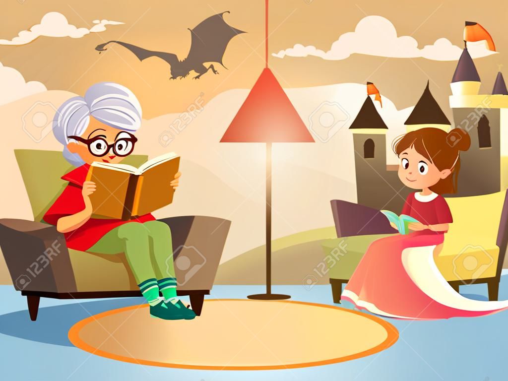 Vector cartoon grandmother reading fairy tale book to girl kid sitting at armchair. Illustration elderly parent child on background of home interior with dragon princess castle on wall imagined by kid