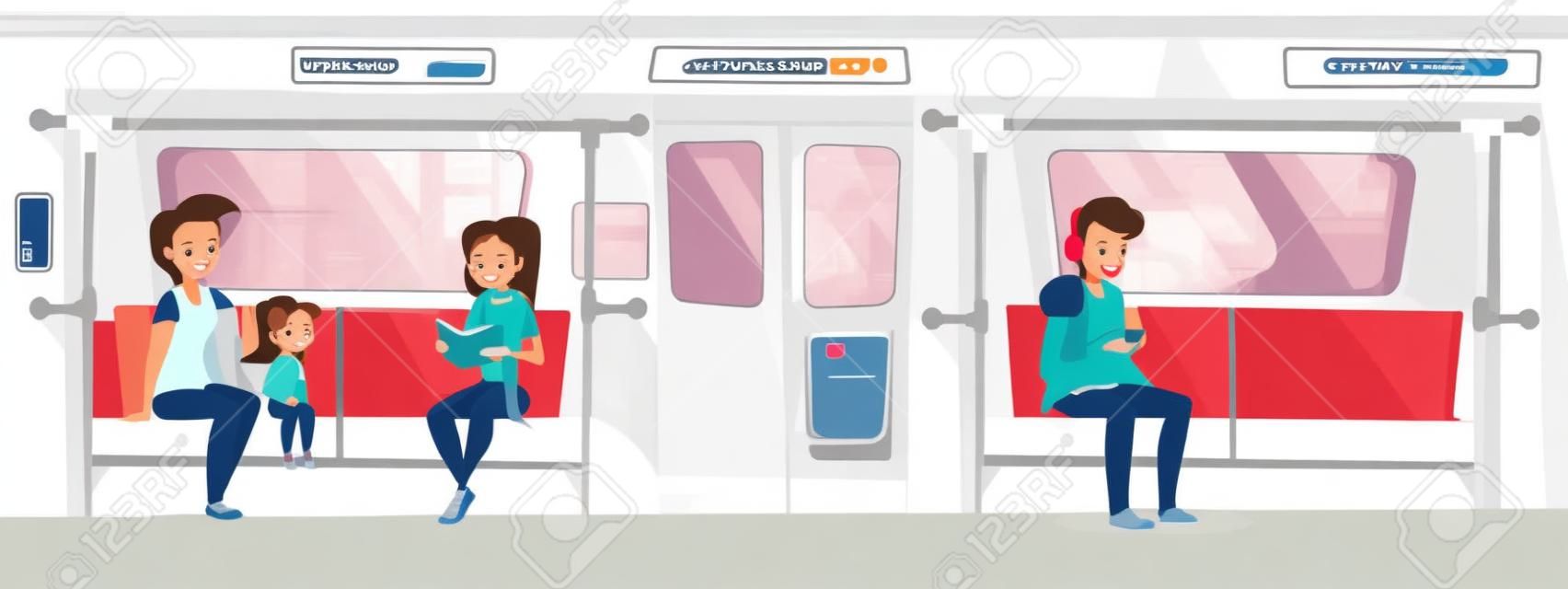 People in subway train vector illustration. Young woman with daughter girl in metro reading book and smile, teen boy sitting on seat and listening music in earphones from smartphone