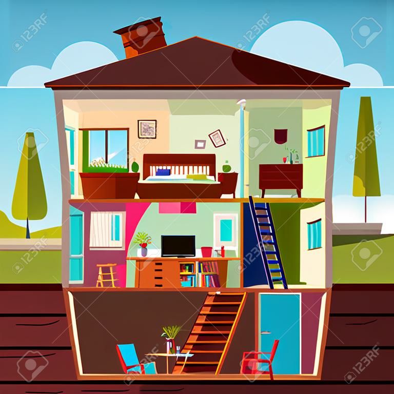Vector three-story house interior in cross section with basement, cartoon multistorey private building. Attic, furniture in living room, sofa, TV and storage in cellar. Architecture background.
