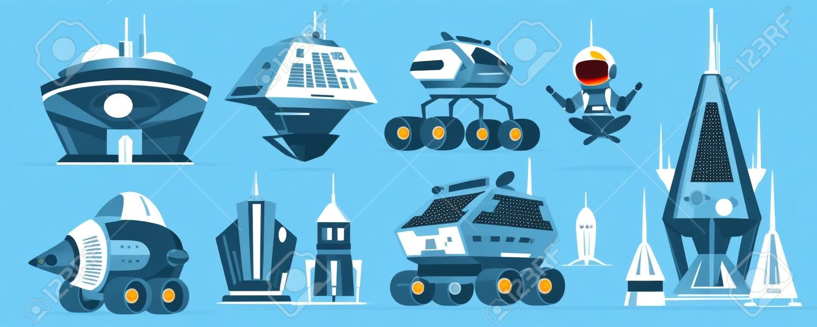 宇宙探査ロケットや車両のセット、SFエイリアン建物漫画ベクトルアイコン。未来的な宇宙船、無重力で飛ぶ宇宙飛行士、火星ローバーイラストコレクション