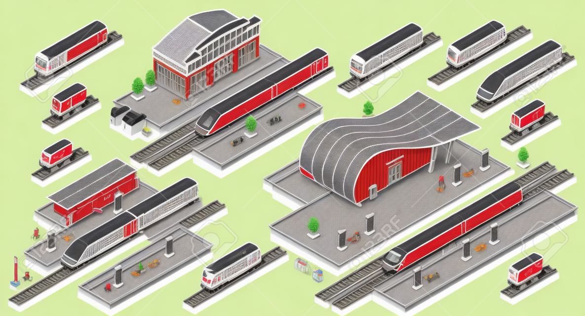 Train station buildings with platforms and electric, diesel locomotives with passenger and freight wagons on rails isometric vector set. Railroad transport infrastructure line art elements collection