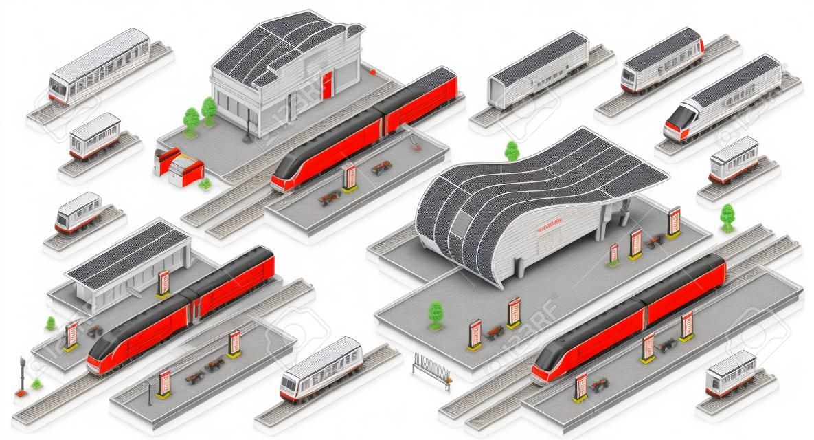 Train station buildings with platforms and electric, diesel locomotives with passenger and freight wagons on rails isometric vector set. Railroad transport infrastructure line art elements collection